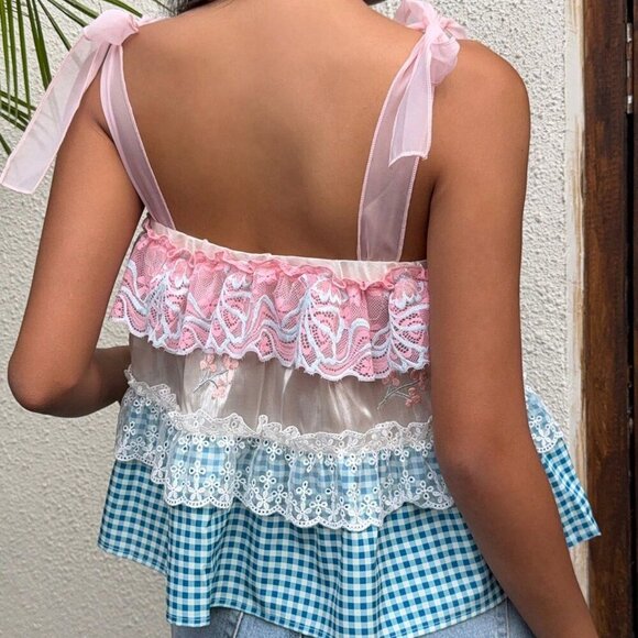 Boho Women's Vacation Plaid multi print Lace Splicing Camisole top - Picture 2 of 7